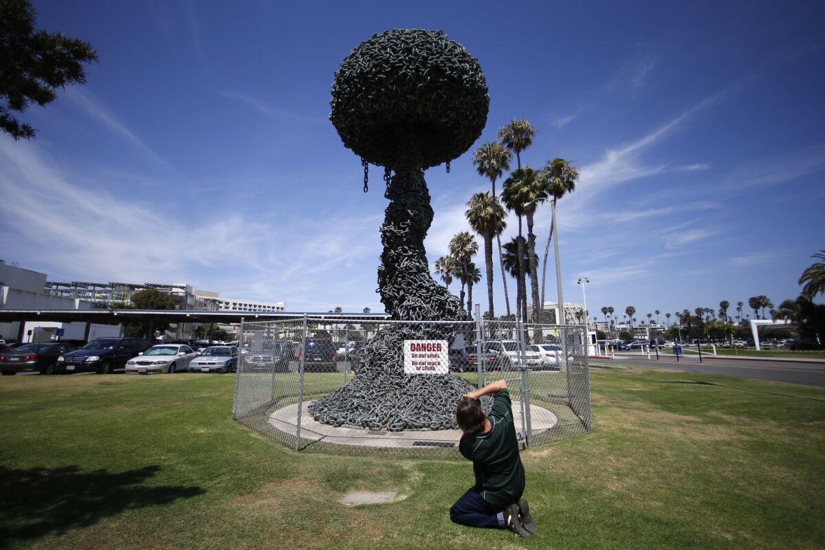 "Chain Reaction," a sculpture designed by Pulitzer Prize-winning cartoonist Paul Conrad, stands near the Civic Center in Santa Monica in 2012.