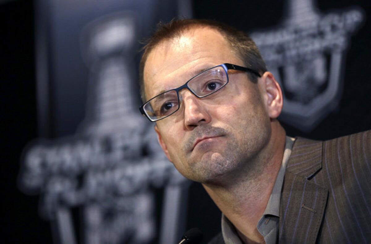 Penguins Coach Dan Bylsma listens to a question during a news conference at the Eastern Conference finals in Boston.