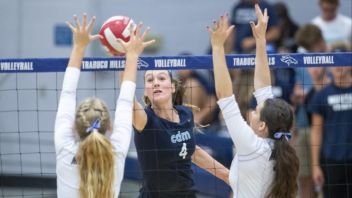 Corona del Mar High's Kendall Kipp, pictured hitting the ball against Trabuco Hills on Oct. 24, had 23 kills in the Sea Kings' five-set loss at Carlsbad La Costa Canyon in the first round of the CIF State Southern California Regional Division I playoffs on Tuesday.