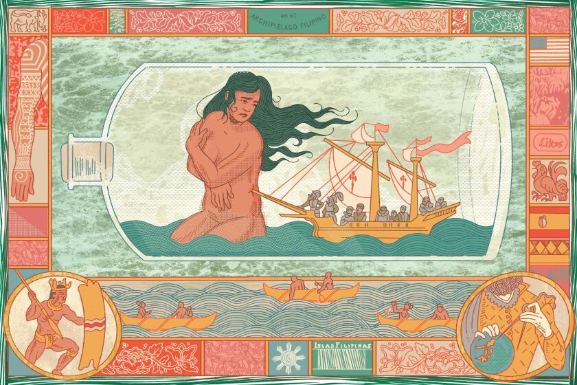 An illustration of a Filipino woman being attacked by a ship of imperialists. 