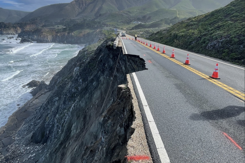 A damaged section of Highway 1 can be seen Sunday south of Rocky Creek Bridge in Big Sur.