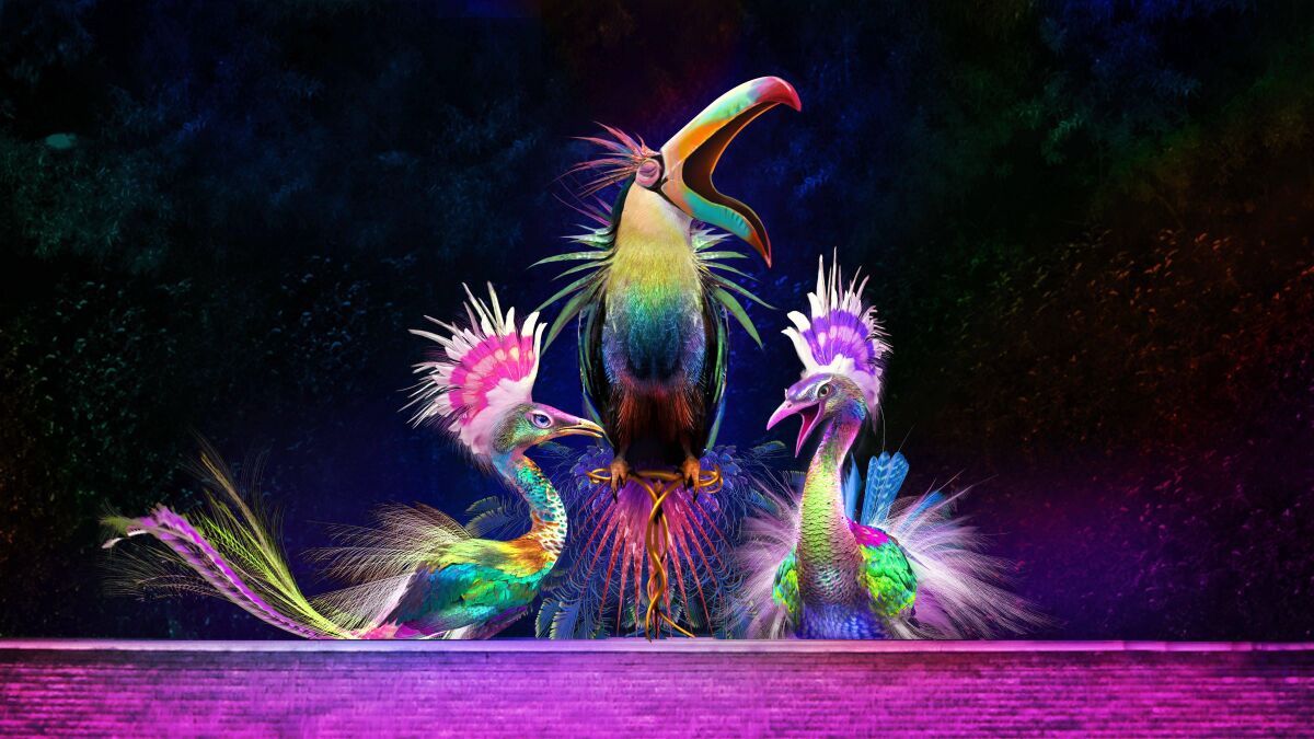 Three animatronic birds that are part of a free show at Wynn's Lake of Dreams, which has been postponed.