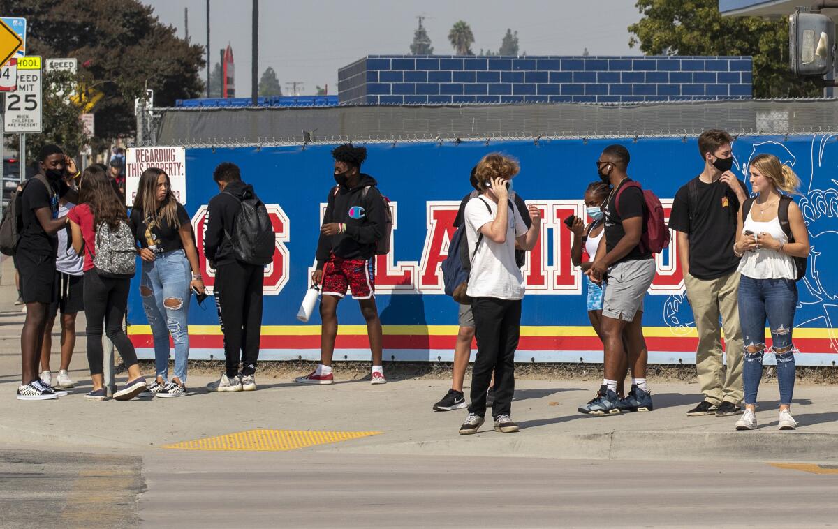 Students stand on a sidewalk in front of a blue Los Alamitos banner on a fence