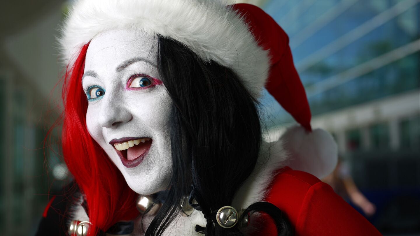 Lavinia Lenza, visiting from Italy, dresses as Christmas Harley Quinn at Comic-Con in San Diego.
