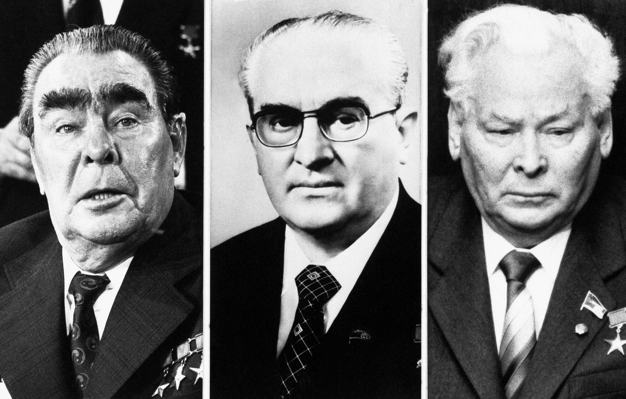A trio of black and white images shows Soviet leaders Leonid Brezhnev, Yuri Andropov and Konstantin Chernenko.