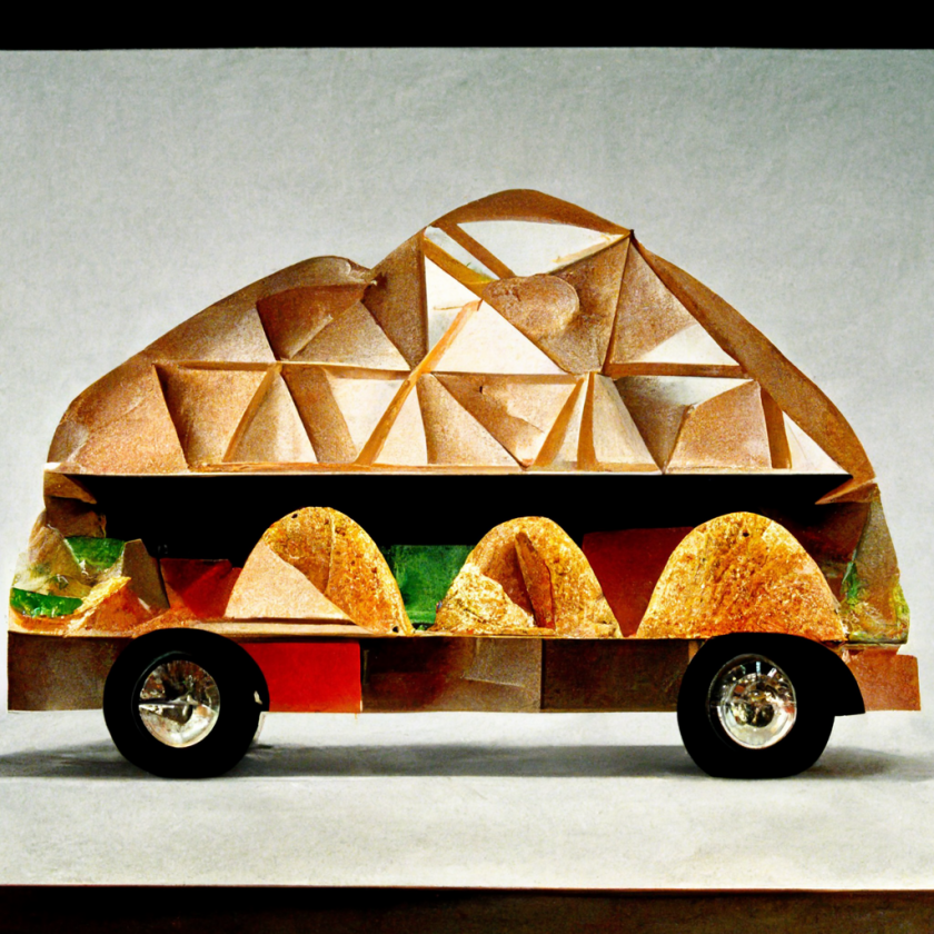 An illustration shows a truck in the form of a taco imbued with geometric patterns