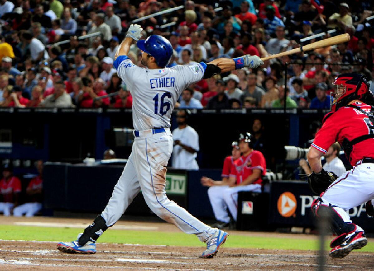 Andre Ethier belts a home run against the Atlanta Braves.
