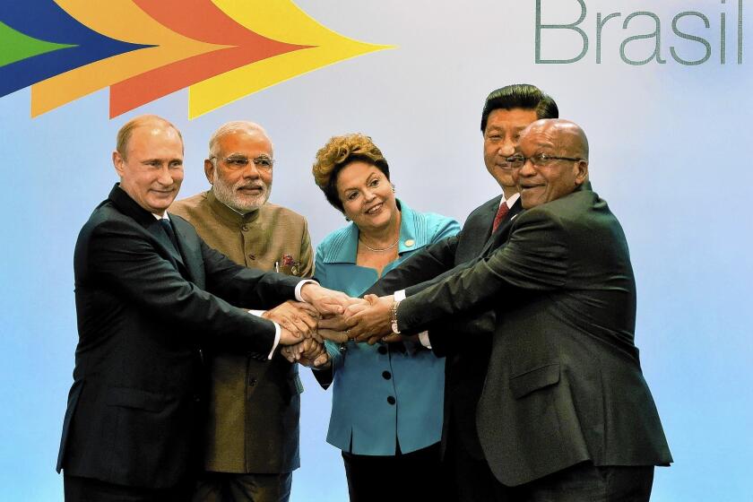 The leaders of so-called BRICS nations: Russian President Vladimir Putin, left; India Prime Minister Narendra Modi; Brazilian President Dilma Rousseff; Chinese President Xi Jinping; and South African President in Fortaleza, Brazil, for the BRICS Summit.