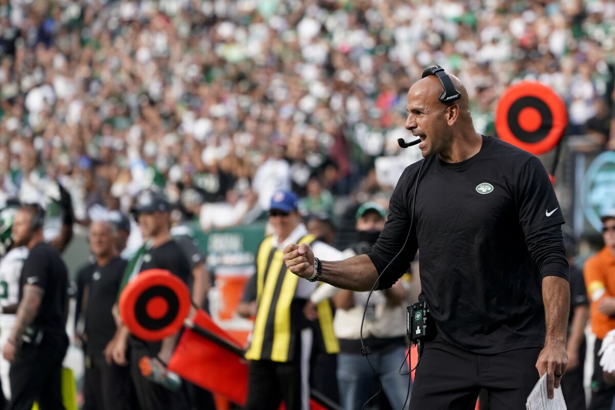 New York Jets coach Robert Saleh reacts on the sideline.