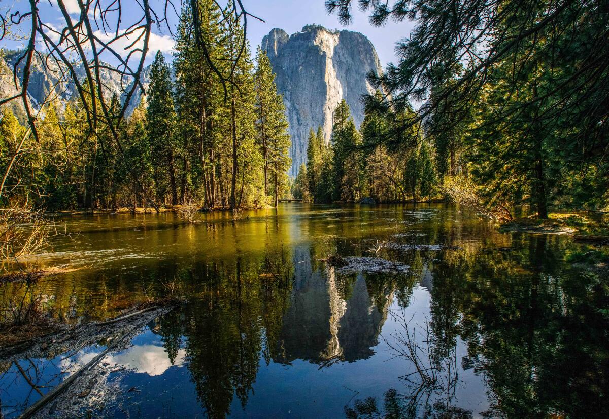 A glassy, tree-lined river stretches toward a granite peak.