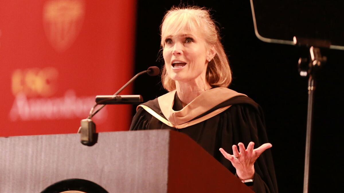 Willow Bay, dean of the USC Annenberg School for Communication and Journalism, speaks at the commencement ceremony in May.
