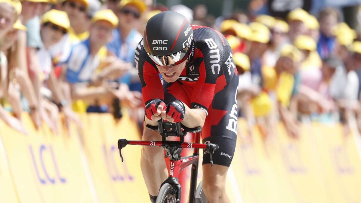 Rohan Dennis crosses the finish line during the Stage 1 individual time trial at the Tour de France in Utrecht, Netherlands, on July 4, 2015. Dennis won the stage to take the yellow jersey.