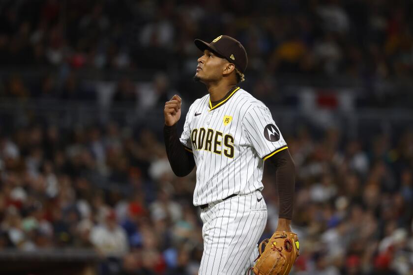 San Diego CA - April 1: San Diego Padres pitcher Jhony Brito walks off the field after pitching the fifth inning abasing the St. Louis Cardinals on Monday, April 1, 2024. (K.C. Alfred / The San Diego Union-Tribune)