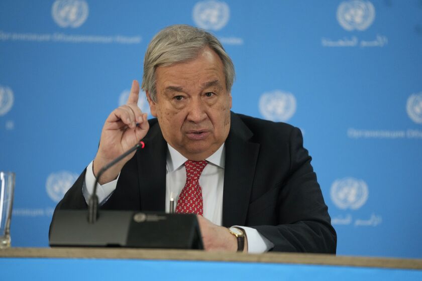 FILE - U.N secretary General Antonio Guterres addresses the media during a visit to the U.N. office in the capital Nairobi, Kenya on , May 3, 2023. Guterres implicitly criticized Cambodia’s upcoming elections Wednesday, May 31, 2023 for failing to be inclusive, after the top opposition party was not allowed to register. (AP Photo/Khalil Senosi, File)