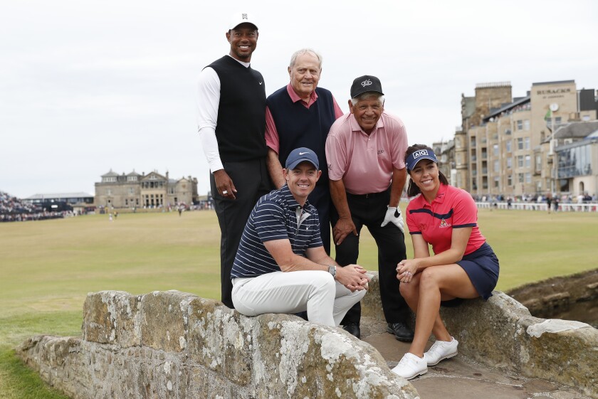 Clockwise, from top left: Tiger Woods, Jack Nicklaus, Lee Trevino, Georgia Hall and Rory McIlroy on Swilken bridge
