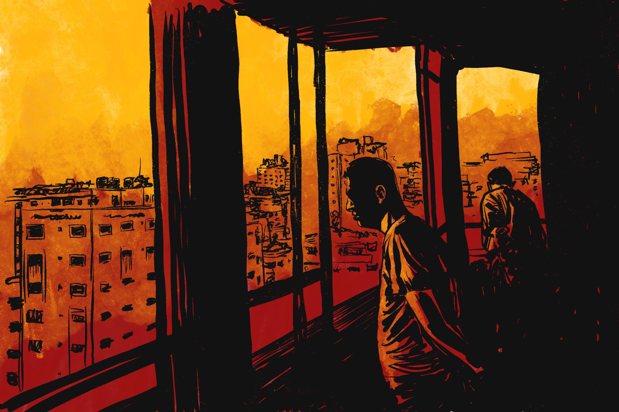 An illustration of two men looking out a building's windows at other buildings surrounded in red and orange