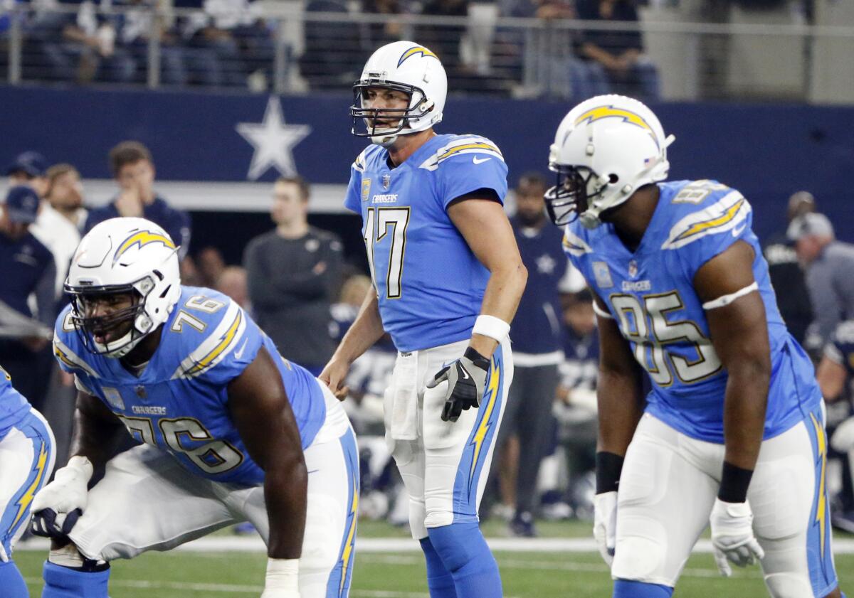 Chargers quarterback Philip Rivers (17) calls signals with tight end Antonio Gates (85) lined up outside the tackle. 