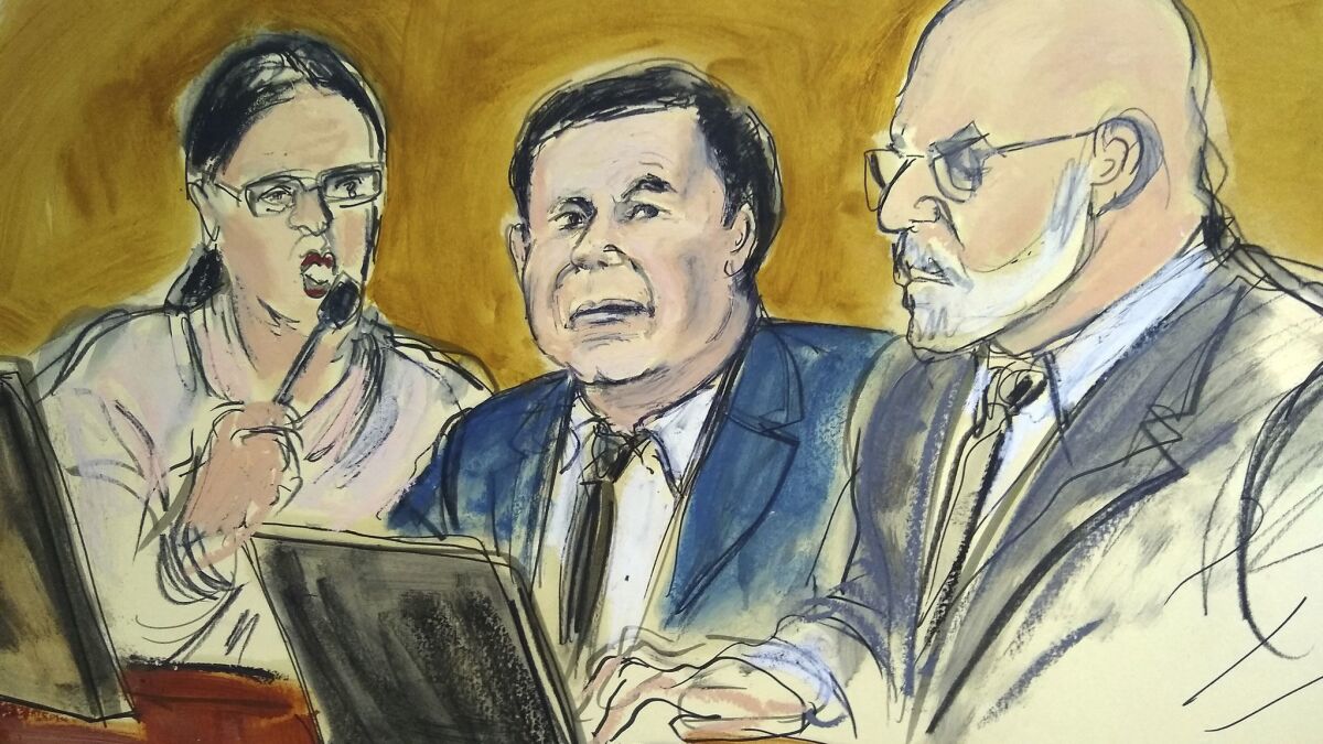 Joaquin "El Chapo" Guzman, center, in a courtroom drawing.