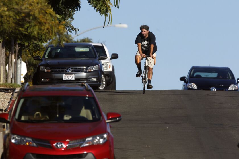 SAN DIEGO, October 19, 2018 | A cyclist rides west on Meade Avenue, where bike lanes are planned to be placed, in San Diego on Friday. | Photo by Hayne Palmour IV/San Diego Union-Tribune/Mandatory Credit: HAYNE PALMOUR IV/SAN DIEGO UNION-TRIBUNE/ZUMA PRESS San Diego Union-Tribune Photo by Hayne Palmour IV copyright 2018