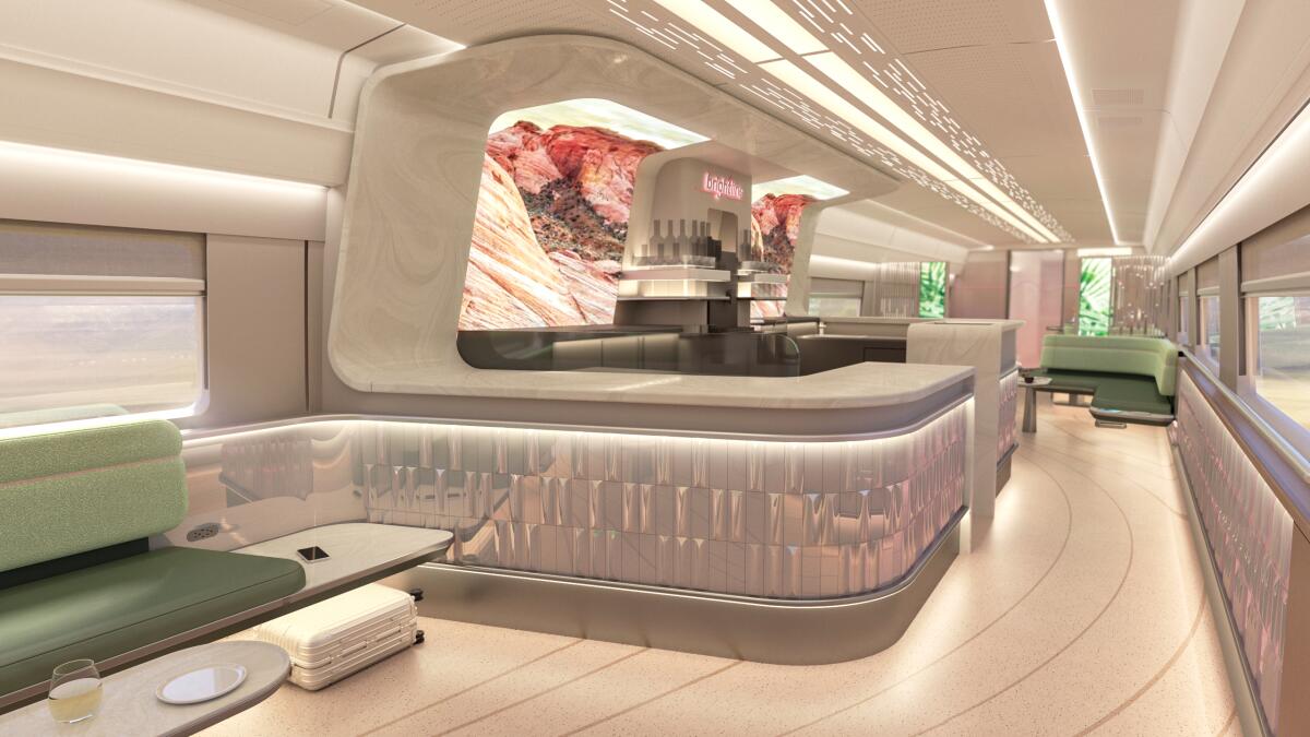 On Brightline West's trains between greater L.A.  and Las Vegas, lounge cars will be sleek. 