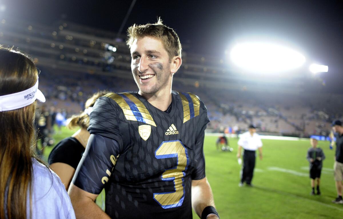 UCLA quarterback Josh Rosen is all smiles after defeating California, 40-24, on Thursday at the Rose Bowl.