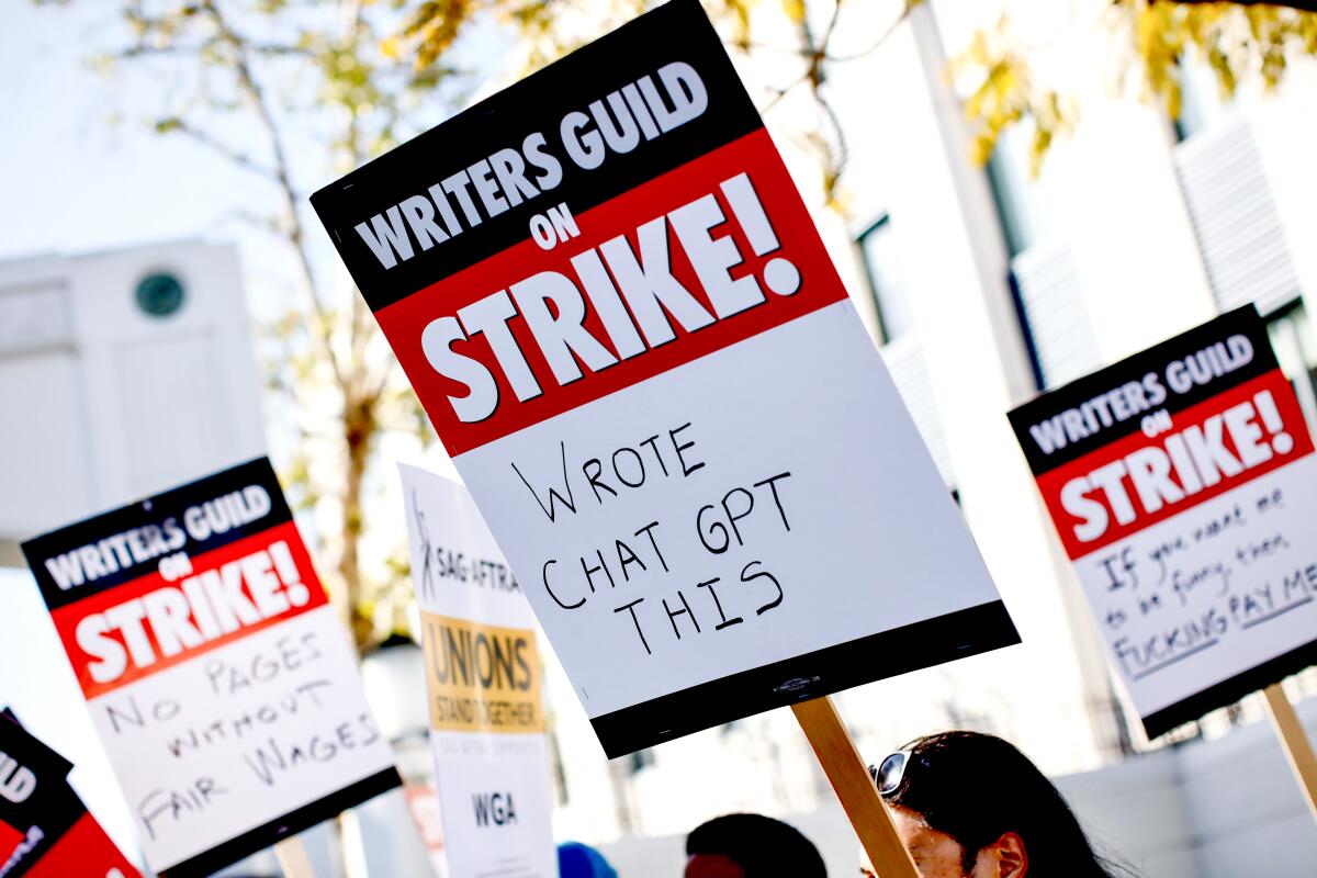 Writers Guild of America members walk the picket line in front of Sony Pictures in Culver City on May 2. 