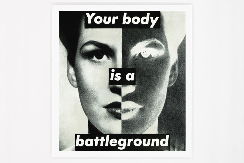 A black and white photo collage shows a woman's face split in two with "Your body is a battleground" in bold type