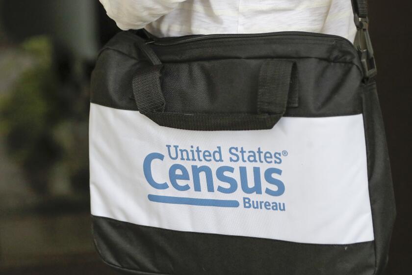 FILE - A briefcase of a census taker is seen as she knocks on the door of a residence, Aug. 11, 2020, in Winter Park, Fla.While the U.S. Census Bureau valiantly conducted the 2020 census, which determines political power and federal funding, under unprecedented challenges from the COVID-19 pandemic, it harmed the resulting data with a new privacy mechanism meant to protect the confidentiality of participants, according to a new report released Tuesday, Oct. 3, 2023. (AP Photo/John Raoux, file)