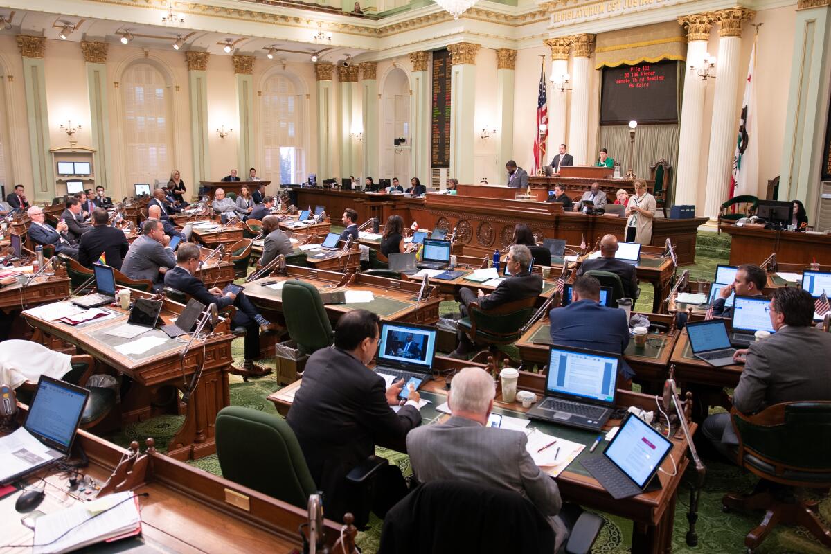 People sit at desks with laptops on them in a chamber.