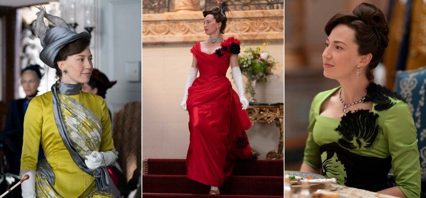 Three views of a woman in different period dresses, in gold, red and green.