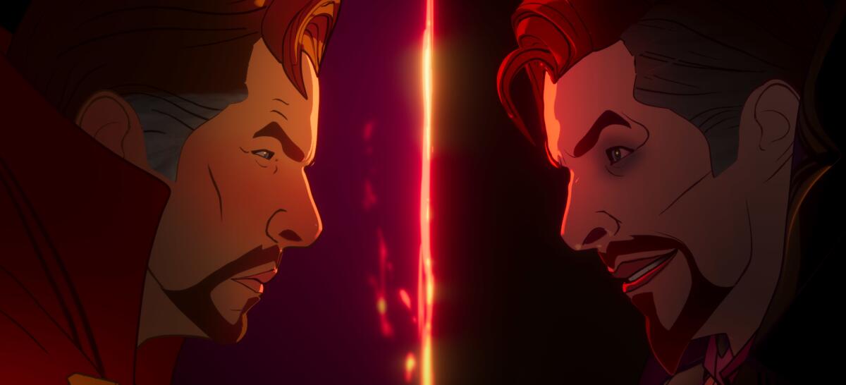 Two animated men stare each other down, with a red light behind them