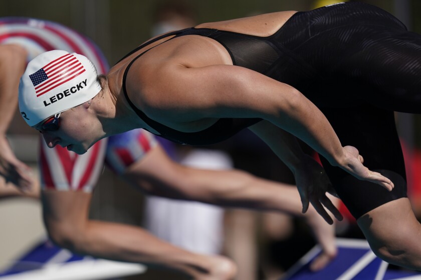 Katie Ledecky competes in the women's 200-meter final at the TYR Pro Swim Series swim meet Friday, April 9, 2021, in Mission Viejo, Calif. Ledecky won the final. (AP Photo/Ashley Landis)