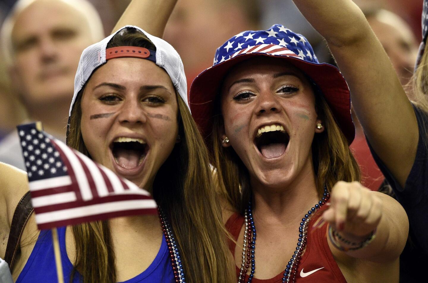 USA supporters cheer for their team ahead of the semi-final football match between USA and Germany during their 2015 FIFA Women's World Cup at the Olympic Stadium in Montreal on June 30, 2015. AFP PHOTO / FRANCK FIFEFRANCK FIFE/AFP/Getty Images ** OUTS - ELSENT, FPG - OUTS * NM, PH, VA if sourced by CT, LA or MoD **