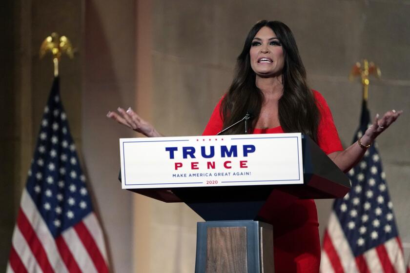 Kimberly Guilfoyle speaks as she tapes her speech for the first day of the Republican National Convention from the Andrew W. Mellon Auditorium in Washington, Monday, Aug. 24, 2020. (AP Photo/Susan Walsh)