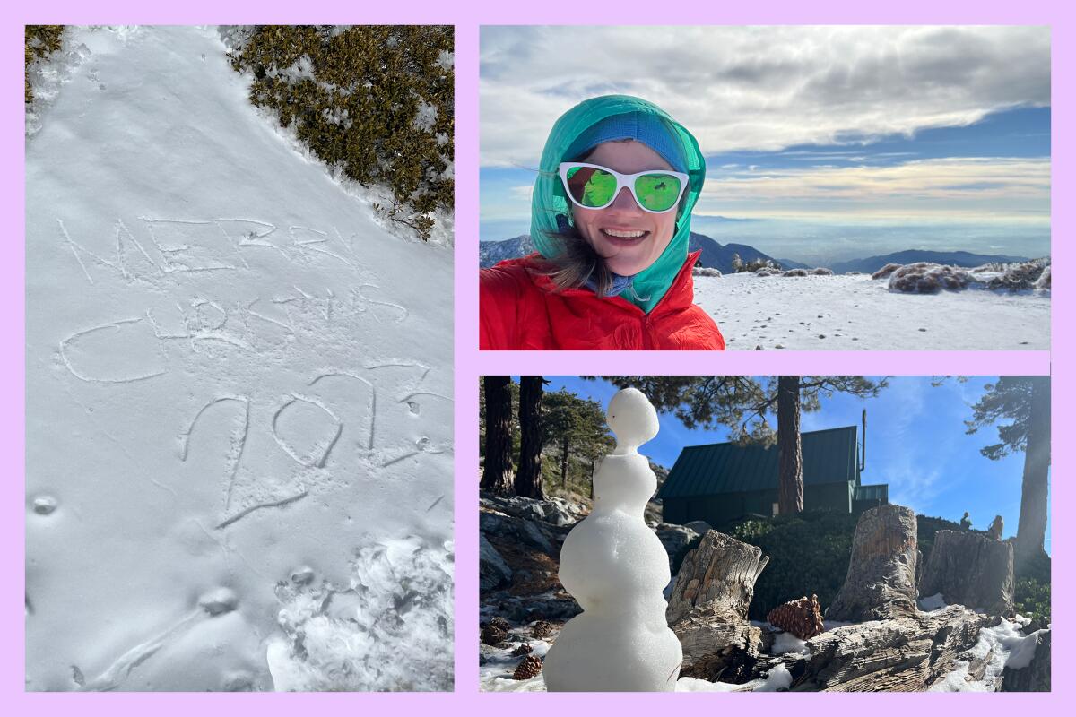 Three photos: "MERRY CHRISTMAS 2023" written in snow, a woman on a mountain top and a snowman melting on a log.