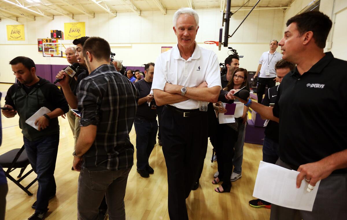 Lakers General Manager Mitch Kupchak smiles after hosting workouts for six potential draft picks on May 26.