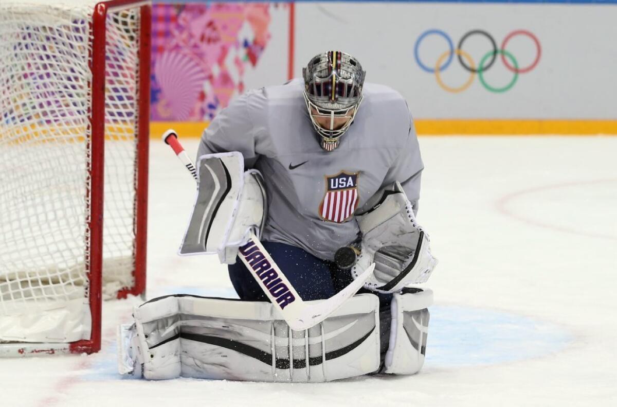 Kings goaltender Jonathan Quick, shown above practicing in Sochi, is vying to be the starting goalie on the U.S. Olympic team.