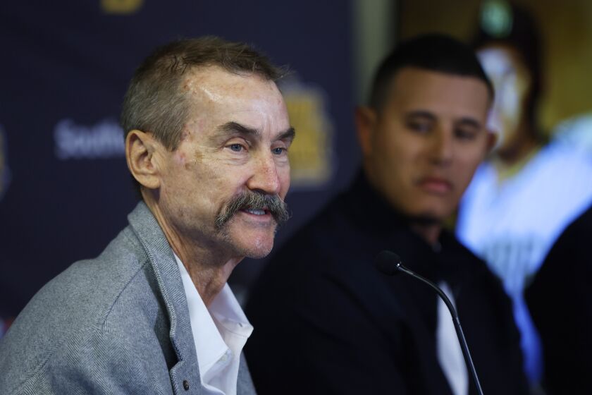 Scottsdale, AZ - February 27: San Diego Padres owner Peter Seidler speaks during a news conference to announce Manny Machado's contract extension on Tuesday, February 28, 2023 in Scottsdale, AZ. (K.C. Alfred / The San Diego Union-Tribune)