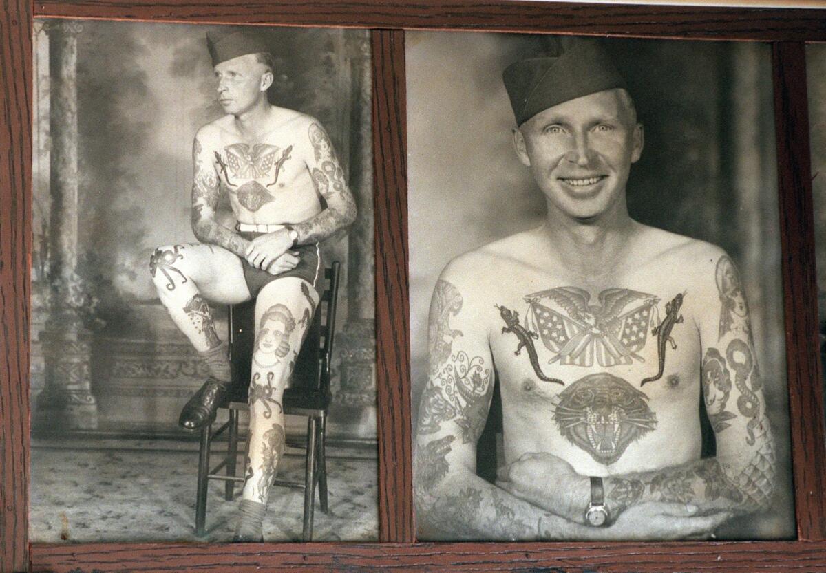 Photos of serviceman taken in 1940s at Bert Grimm's Tattoo Studio in Long Beach.