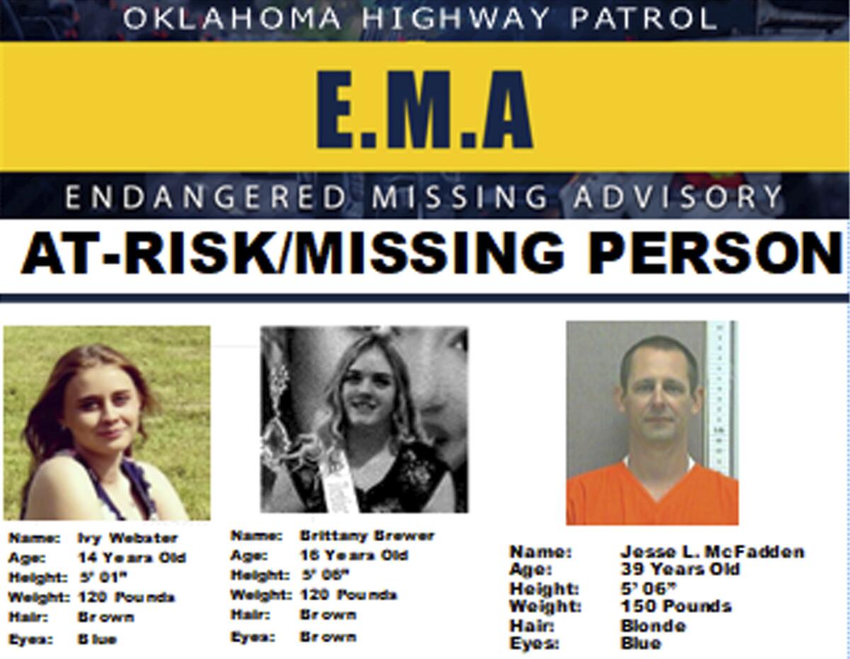 A missing poster provided by the Oklahoma Highway Patrol shows two teen girls and a man.