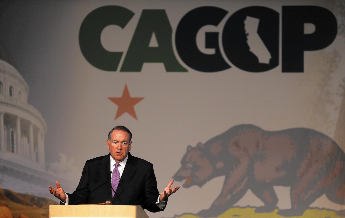 Republican presidential candidate Mike Huckabee addresses the California Republican Party convention on Friday.