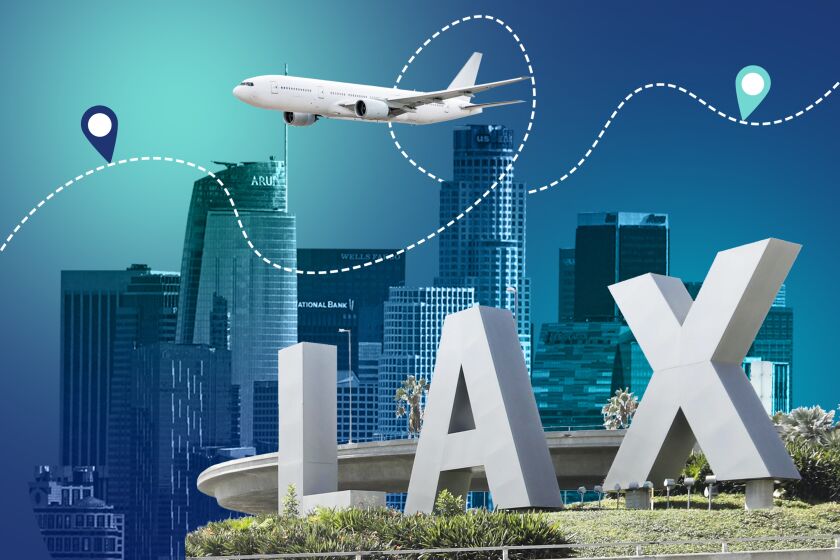 Illustration of an LAX sign in front of a backdrop of the LA skyline with a plane overhead.