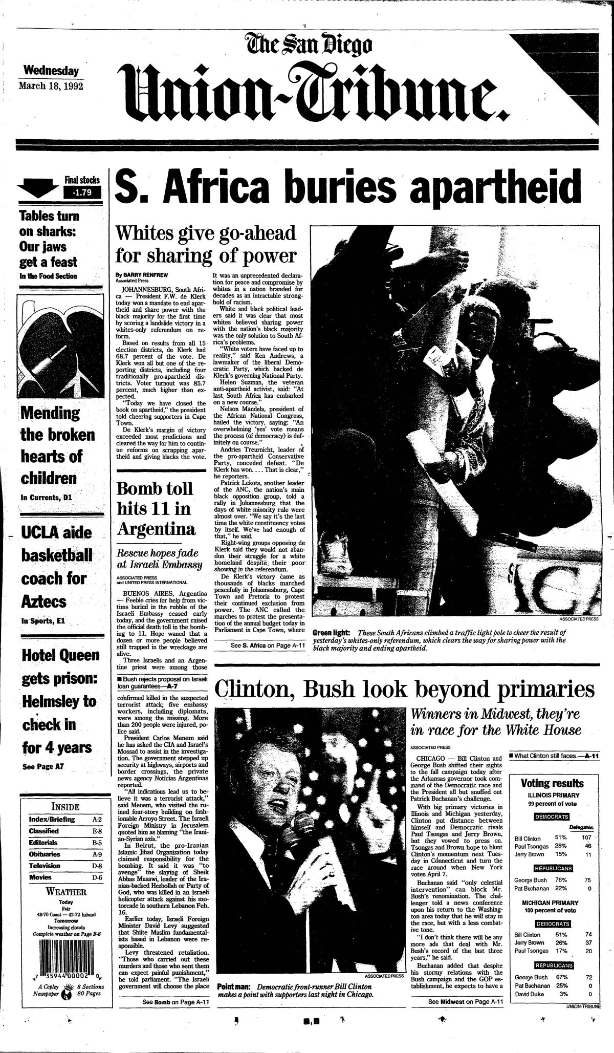 The front page of The San Diego Union-Tribune for March 17, 1992.