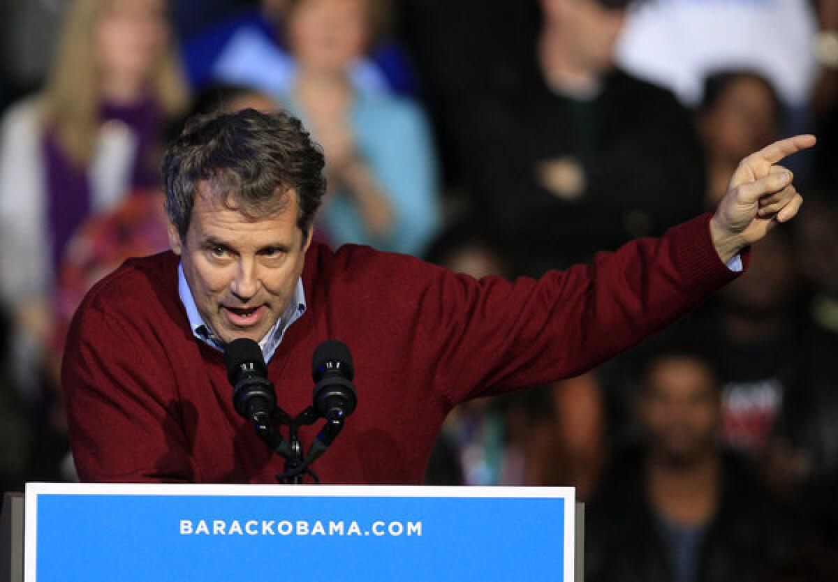 Sen. Sherrod Brown (D-Ohio) speaks at a campaign event for President Obama at Nationwide Arena in Ohio.