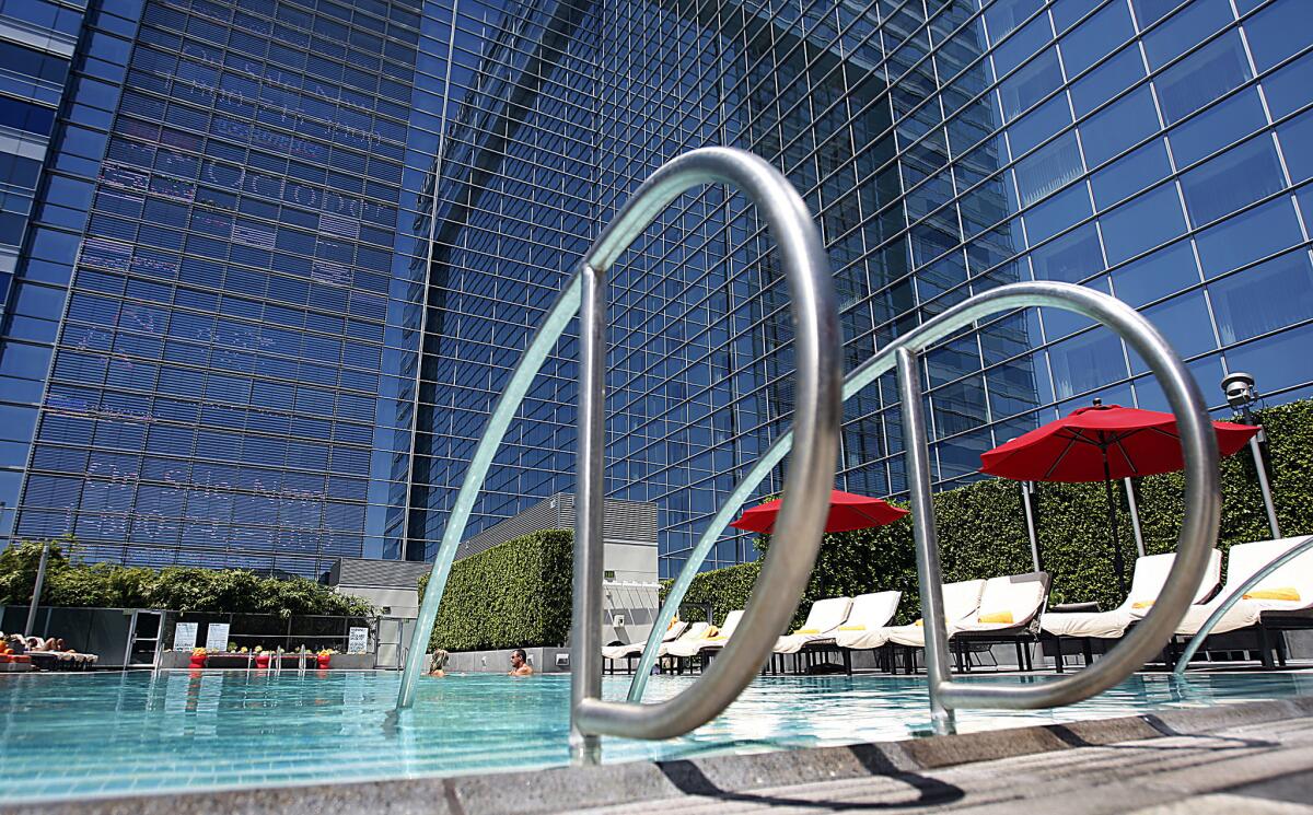 The pool deck of the JW Marriott/Ritz-Carlton Hotel in Los Angeles. Average hotel rates reached record highs in 2014.