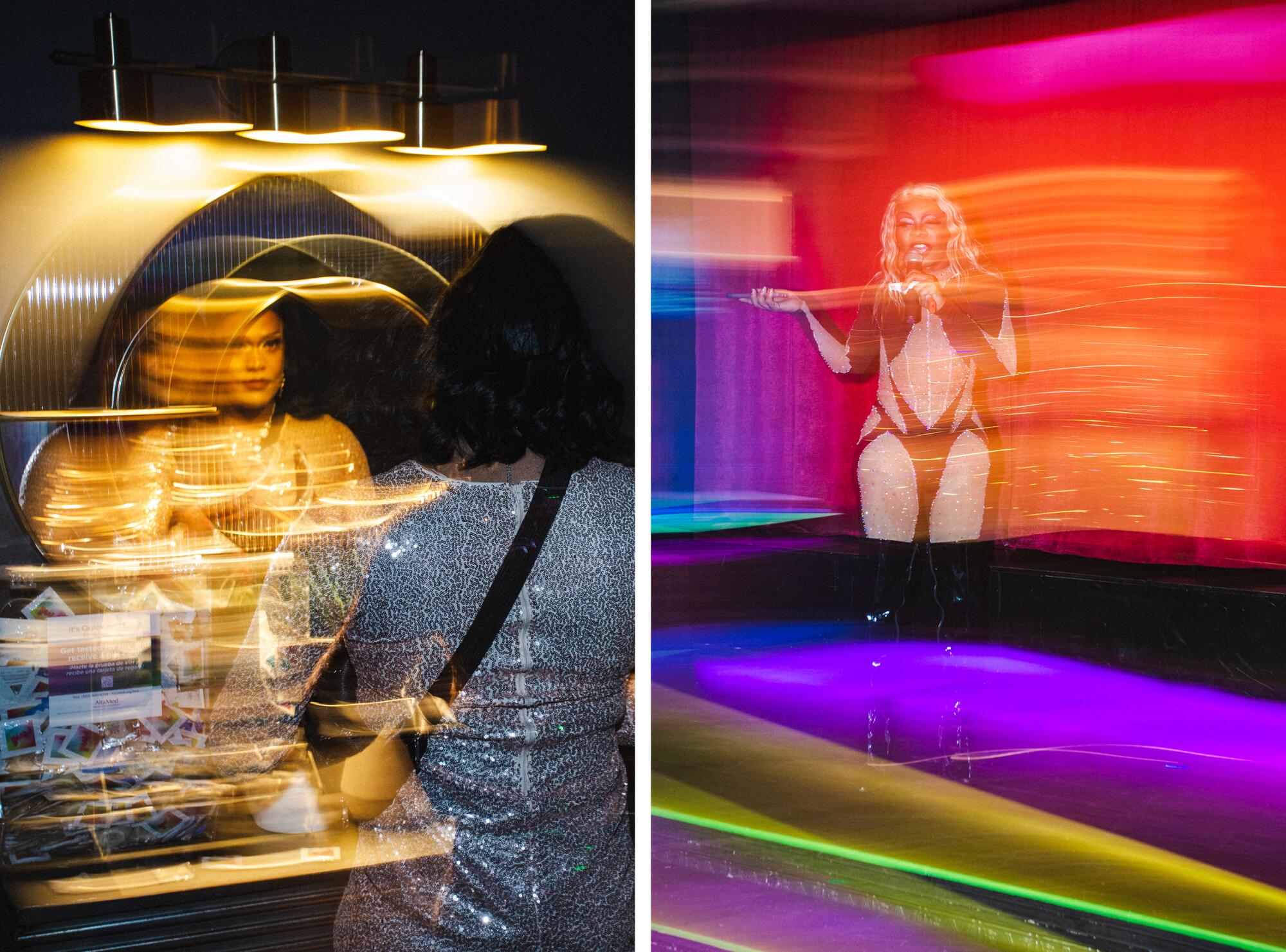 Two long-exposure photos side by side of drag queens, one looking in a mirror, one onstage.