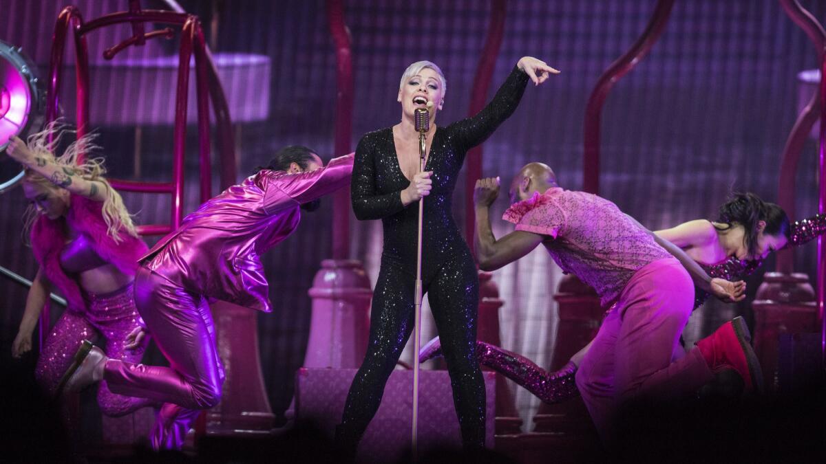 Pink performs Friday night at the Honda Center in Anaheim.