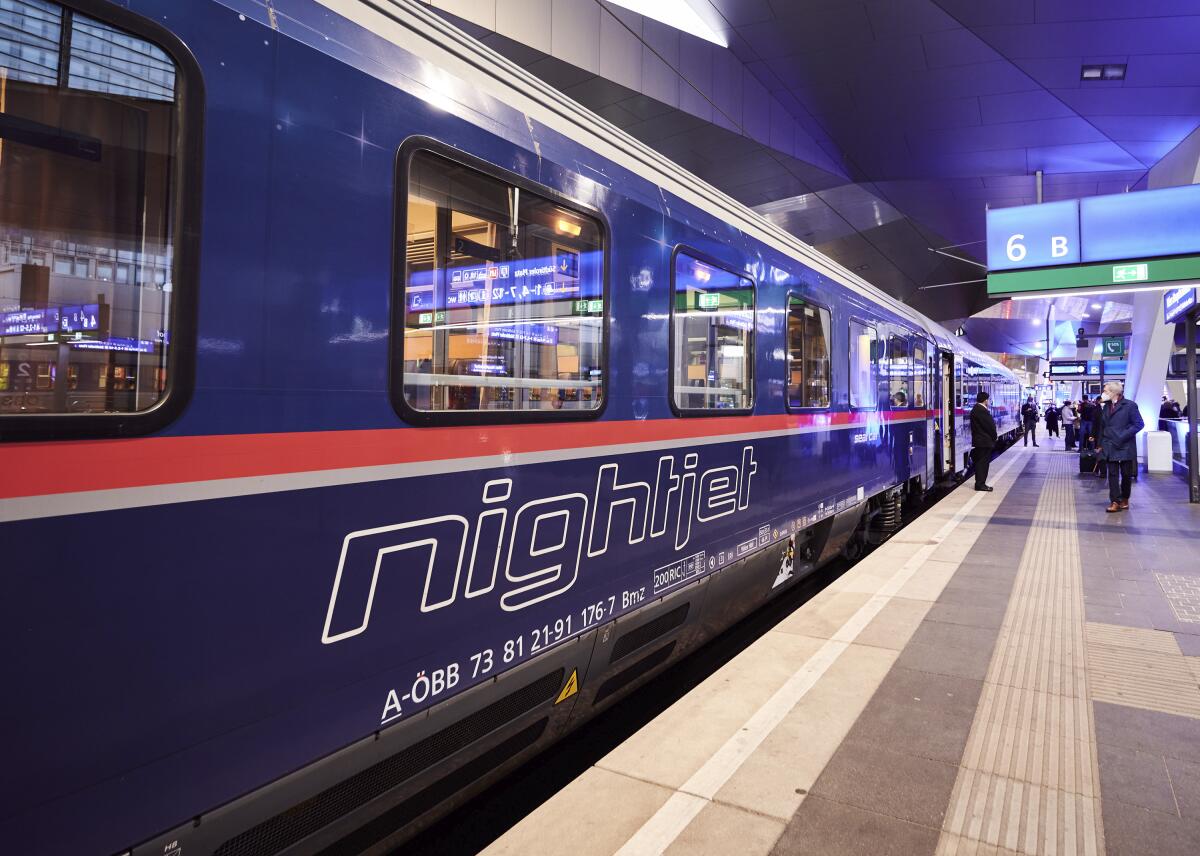 A Nightjet sleeper train at a station in Vienna, Austria.