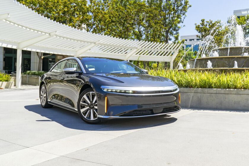 This photo provided by Edmunds shows the 2022 Lucid Air, a luxury electric sedan with an EPA-estimated range of up to 520 miles. (Rex Tokeshi-Torres/Edmunds.com via AP)