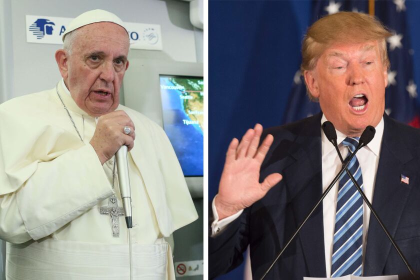 At left, Pope Francis meets journalists aboard the plane during the flight from Ciudad Juarez, Mexico, to Rome. He made comments suggesting Donald Trump, right, is "not Christian" if he wants to build a wall along the U.S. and Mexican border.
